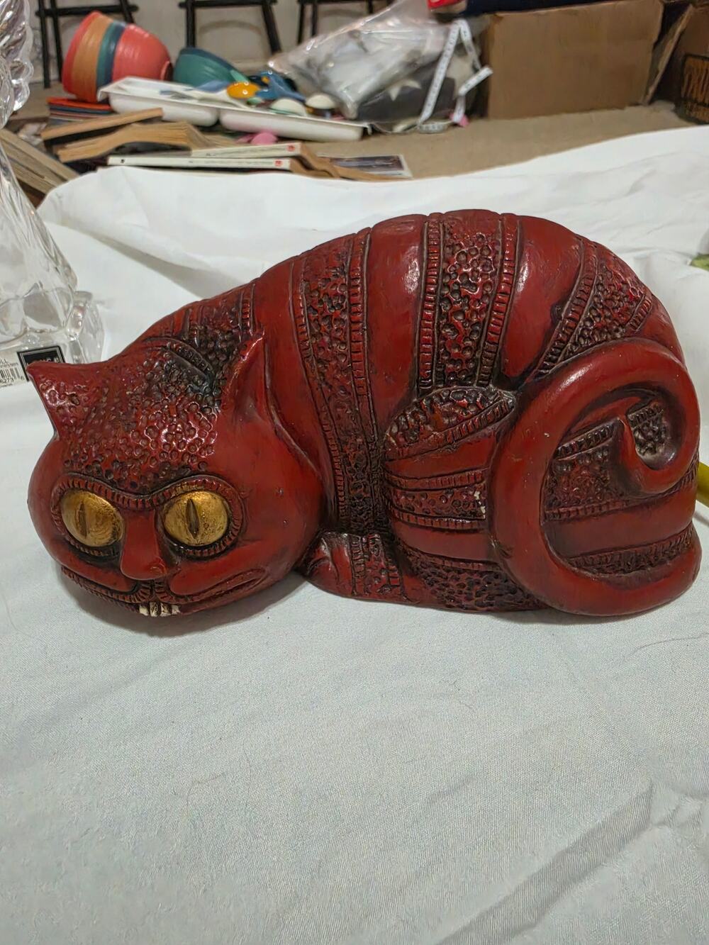 Vintage Folk Art Red Cheshire Cat Figurine bank